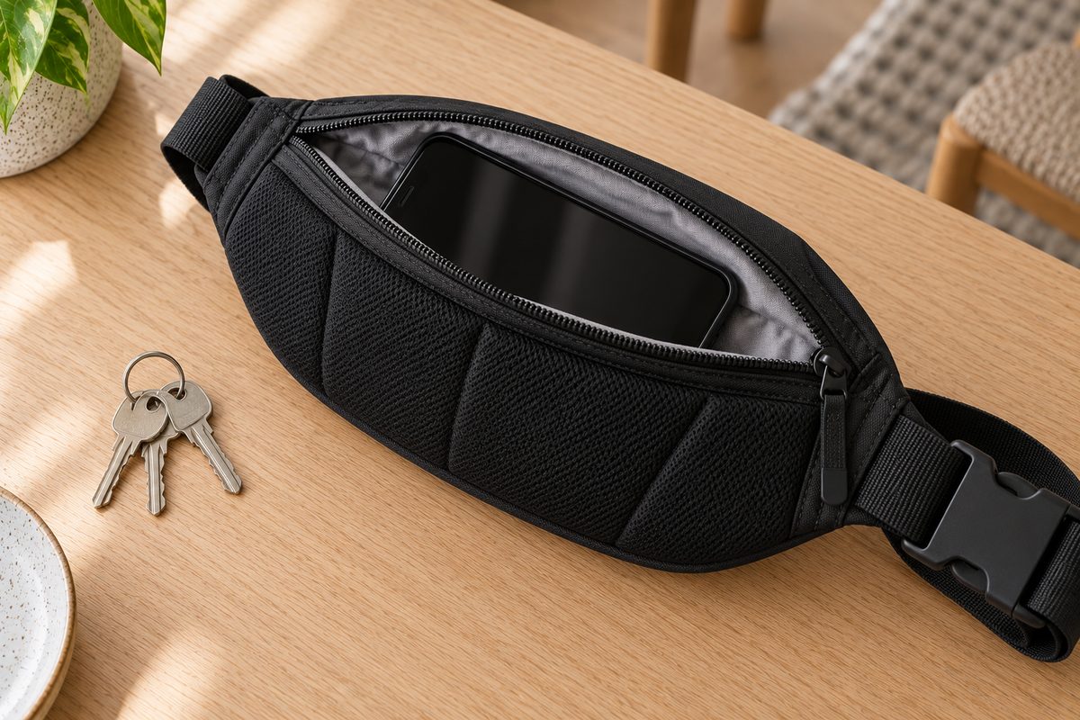 Sac banane noir retourné, téléphone glissé dans la poche zippée côté corps
