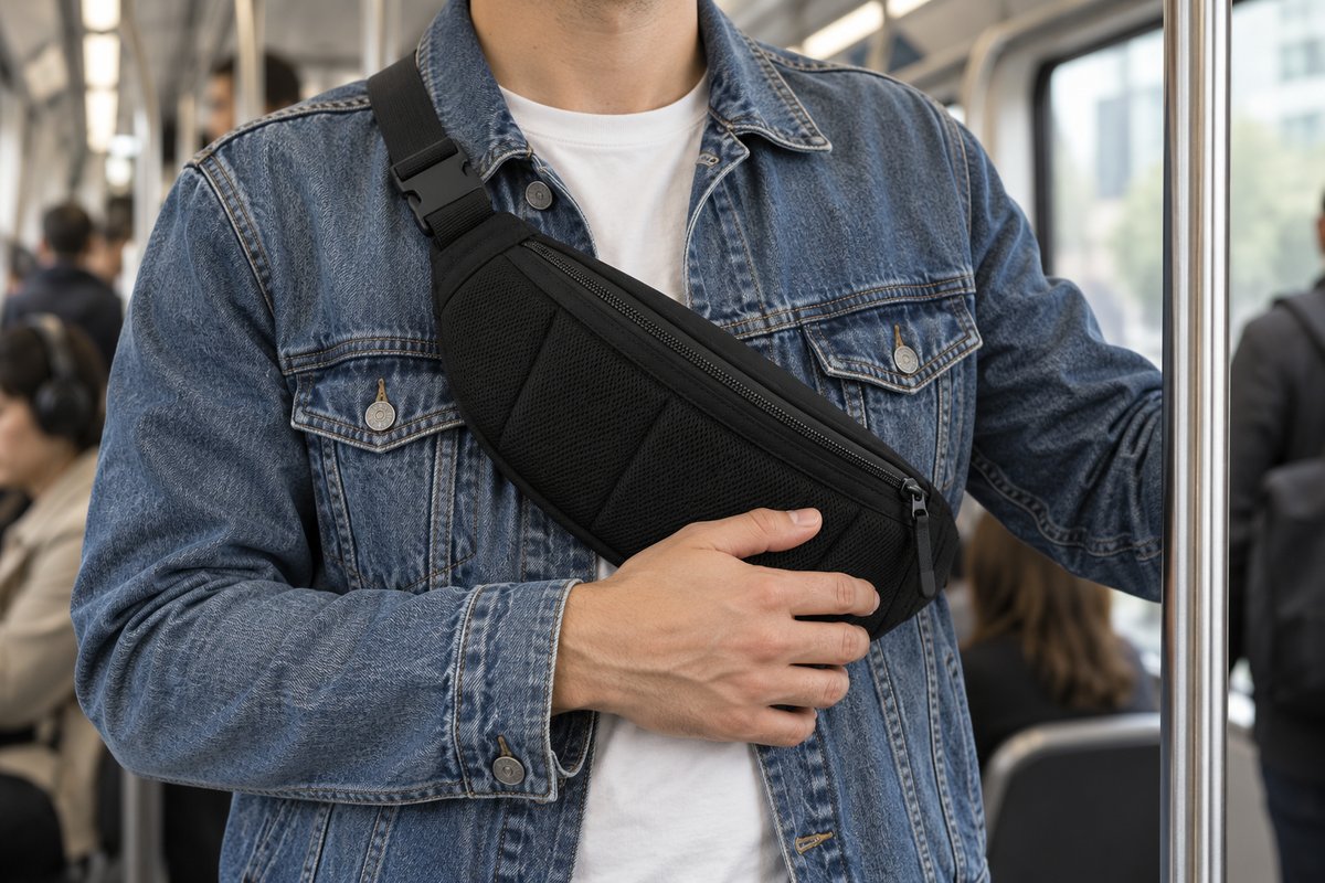 Sac banane noir porté en bandoulière plaqué sur la poitrine dans une rame