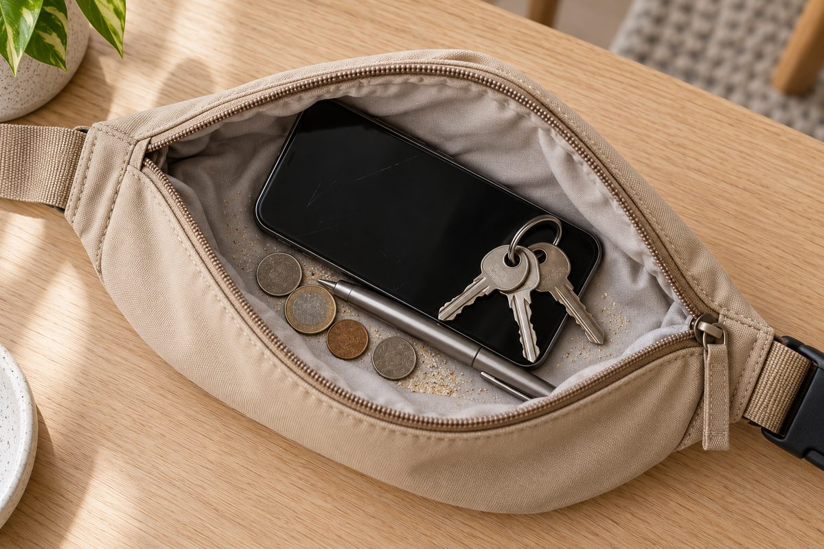 Téléphone sans coque en vrac avec clés, pièces et sable dans un sac banane