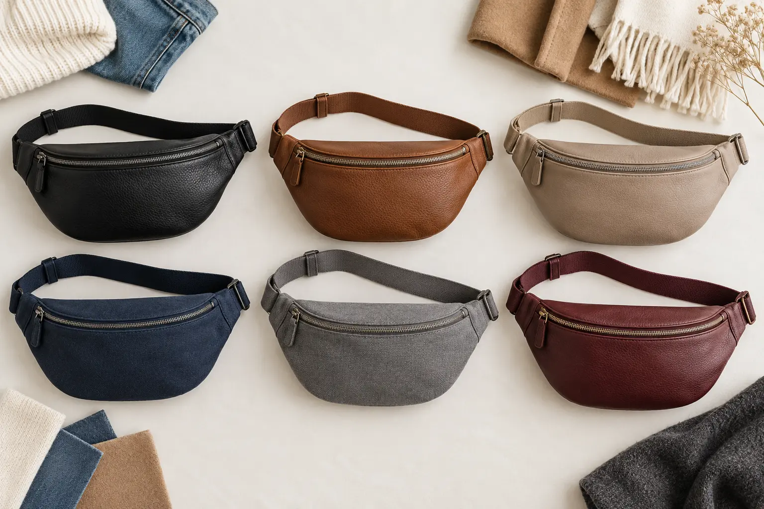 Six sacs noir, marron cognac, beige taupe, bleu marine, gris et bordeaux sur fond clair