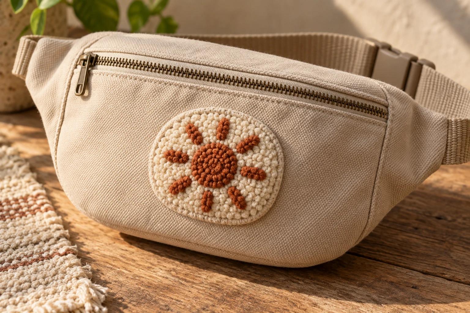 Écusson en punch needle au motif de soleil cousu sur un sac banane beige