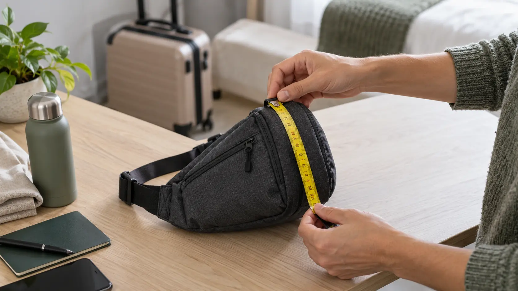 Mesure de la profondeur d’un sac banane rempli avant un voyage en avion