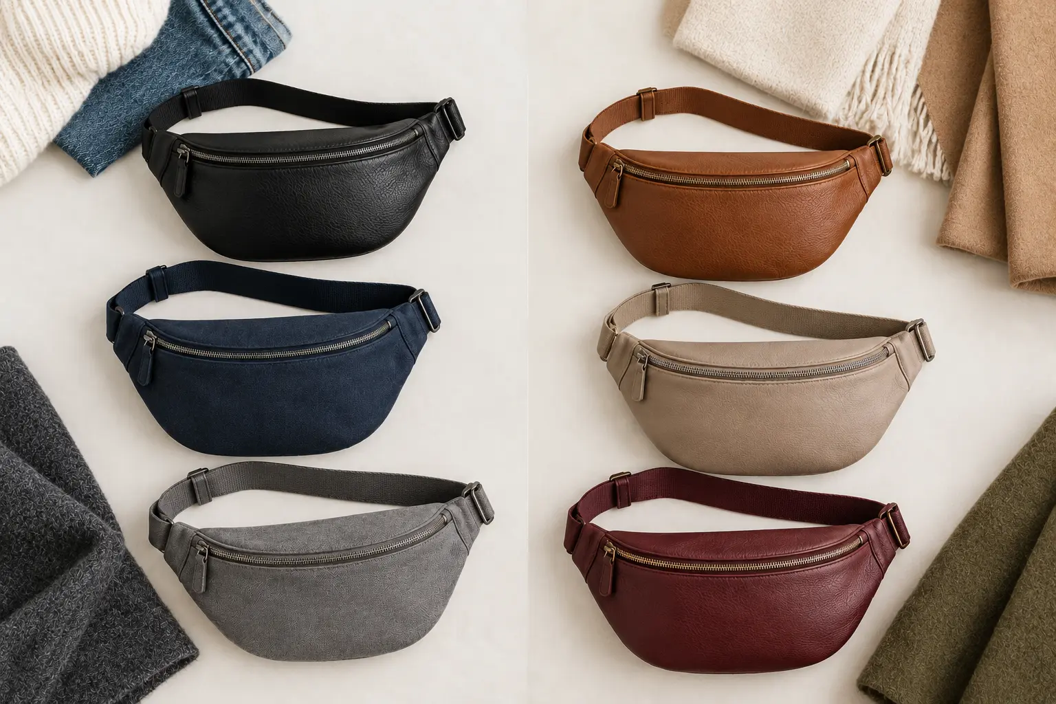 Six sacs noir, marron cognac, beige taupe, bleu marine, gris et bordeaux associés à des tissus coordonnés