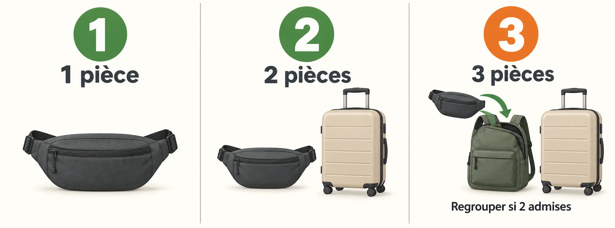 Schéma comparant une banane seule, une banane avec valise cabine et une banane avec sac à dos et valise
