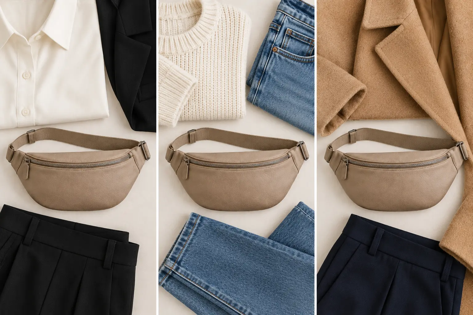 Sac taupe comparé avec trois tenues composées de vêtements noirs, denim et camel